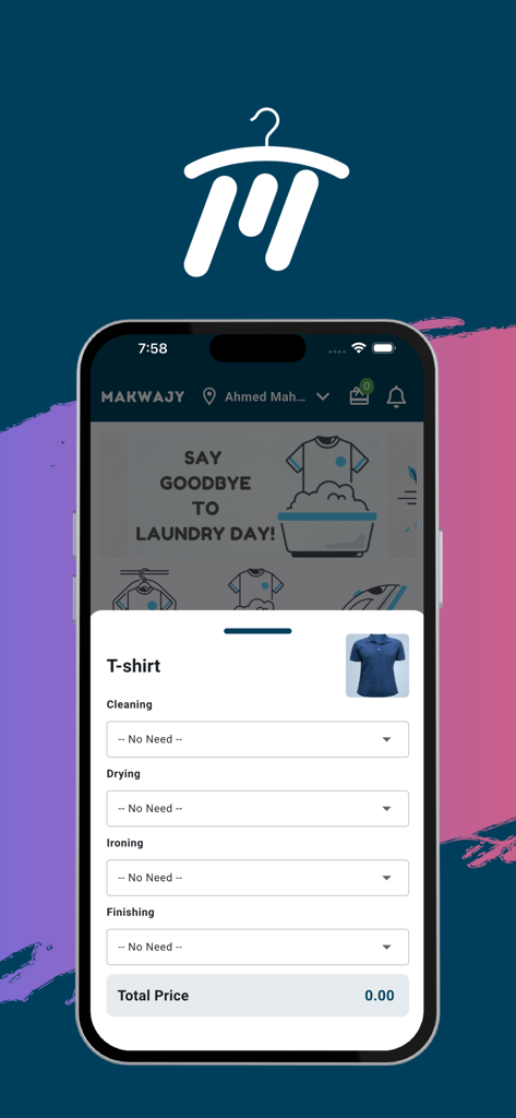 Makwajy - Makwajy mobile app screen showing customizable cleaning and ironing options for a T-shirt
