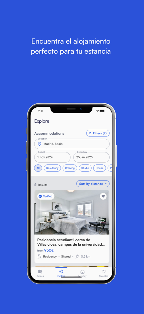 Arribo - Arribo mobile app screen showing student residency search results in Madrid Spain