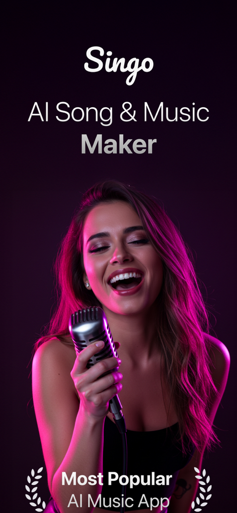 Singo AI Song & Music Maker - Woman singing into a microphone with Singo AI Song and Music Maker app branding