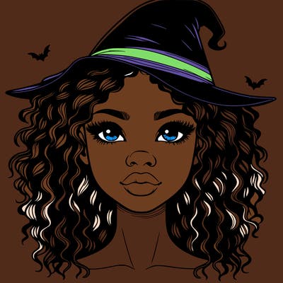 realistic black girl with wavy hair and witch hat and nose and lips