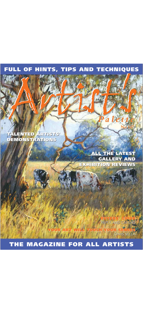 Artist's Palette - Cover of Artist's Palette magazine featuring a landscape oil painting of cows grazing under a large tree.