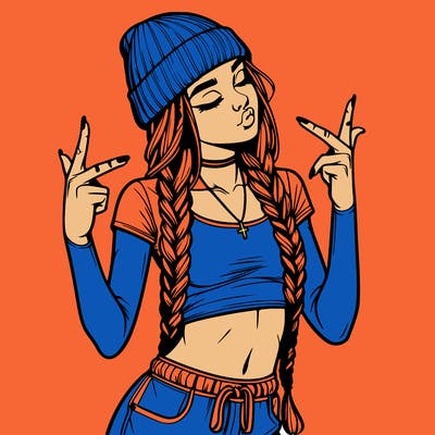realistic teenage girl with braids and a beanie and crop top doing 🫶🏼
