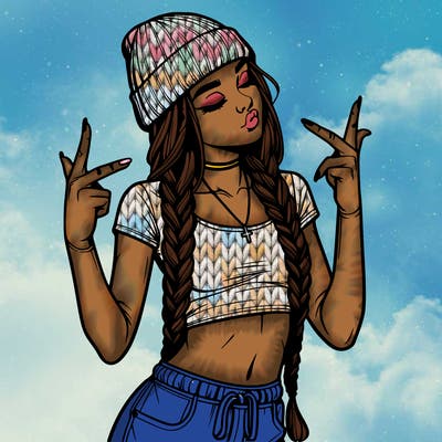 realistic teenage girl with braids and a beanie and crop top doing 🫶🏼