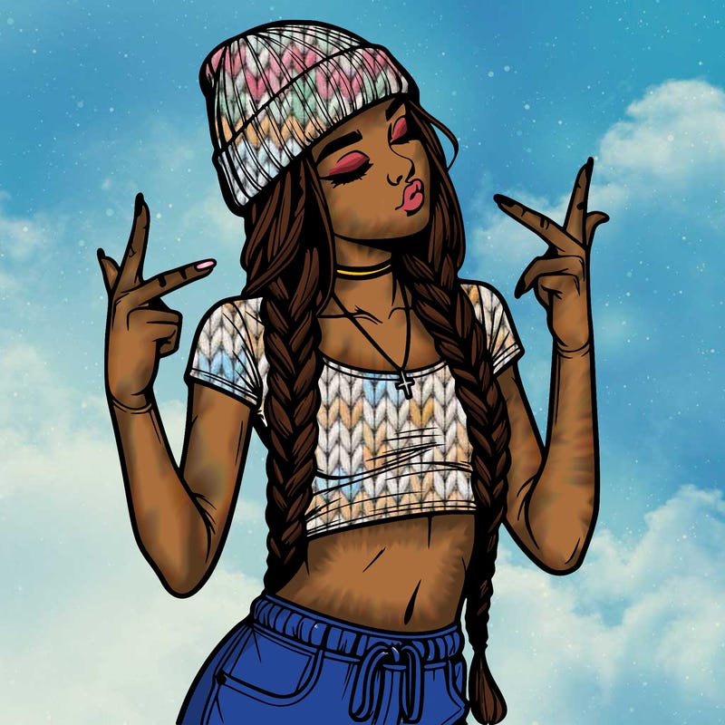 realistic teenage girl with braids and a beanie and crop top doing 🫶🏼