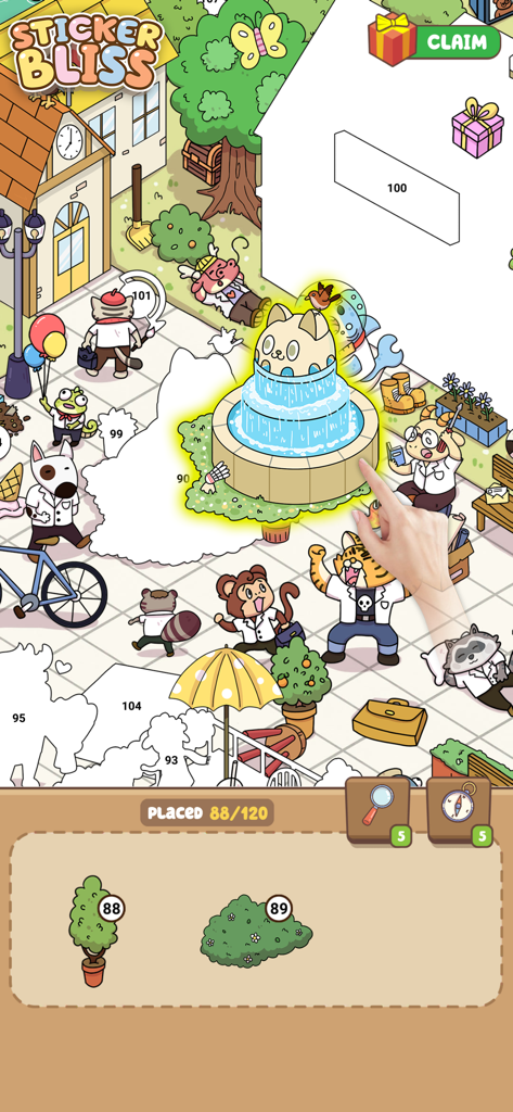 In-game view of Sticker Bliss showing stickers being placed in a vibrant cartoon town with animal characters