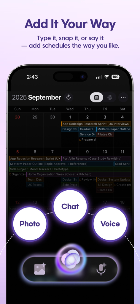 Interface du calendrier IA Trace affichant les options d'entrée photo, de chat et vocale pour la planification.