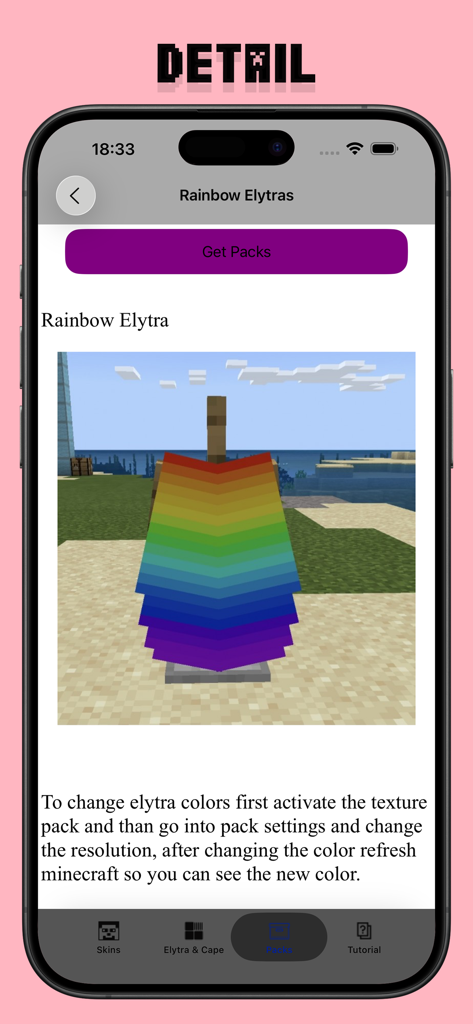 Skins for Minecraft - Skinseed - Detail page of a rainbow elytra texture pack for Minecraft.