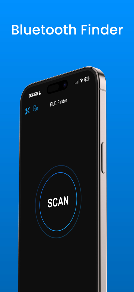 Schermata principale dell'app Bluetooth Finder con un grande pulsante di scansione per individuare dispositivi BLE nelle vicinanze