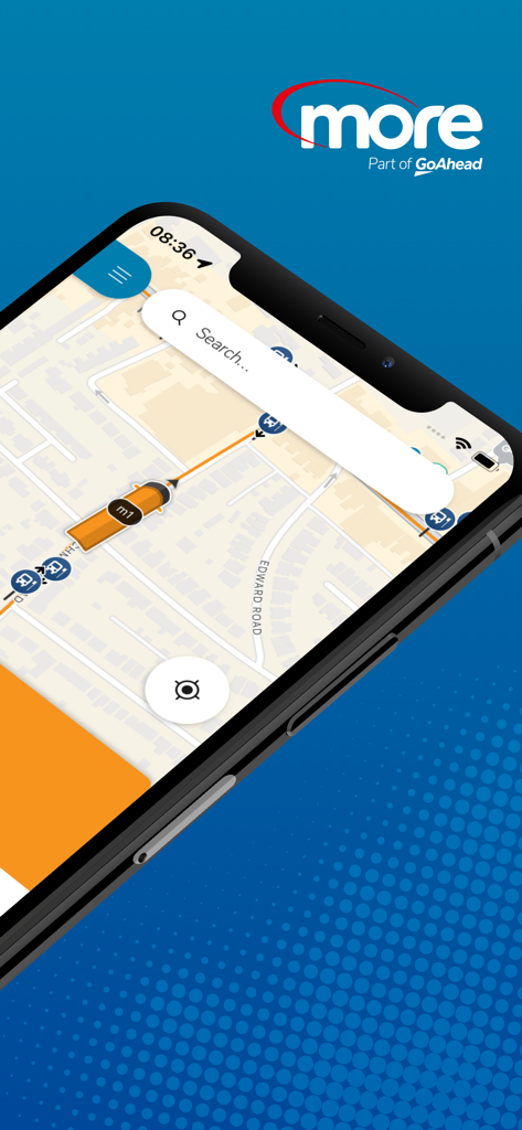 More buses - More buses app interface on a smartphone showing real-time bus tracking and route map