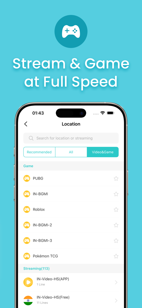 X-VPN app screen showing fast gaming and streaming servers
