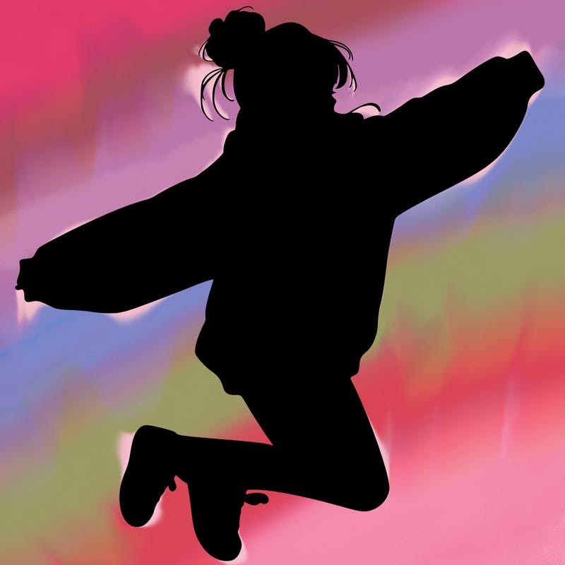 realistic girl jumping with a bun and oversized sweatshirt