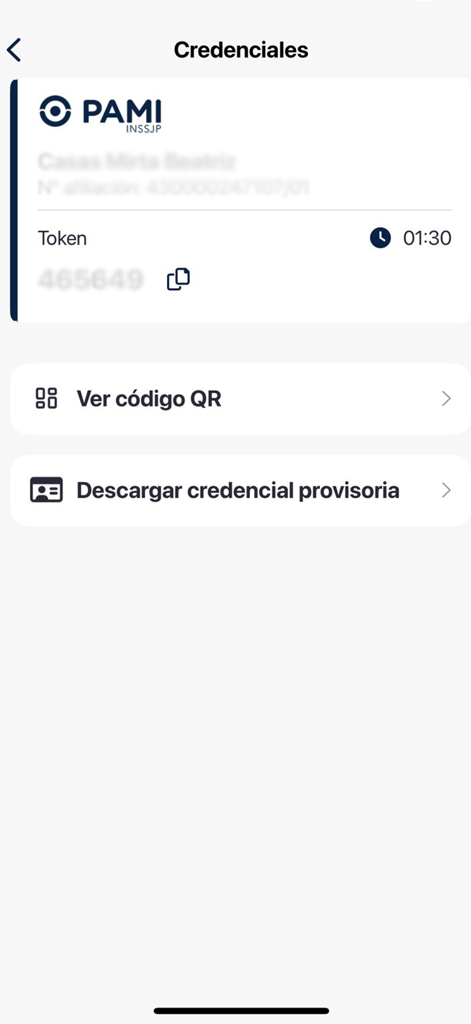 Mi PAMI - The digital credentials screen of the Mi PAMI app showing a healthcare ID and security token.
