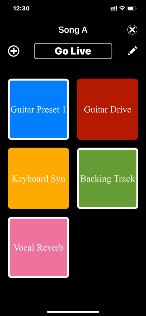 MC Pad - Bluetooth MIDI - MC Pad app interface showing color coded MIDI command buttons for guitar presets and vocal effects
