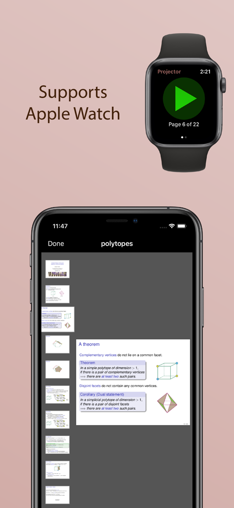 PDF Projector app interface on iPhone with Apple Watch remote control functionality
