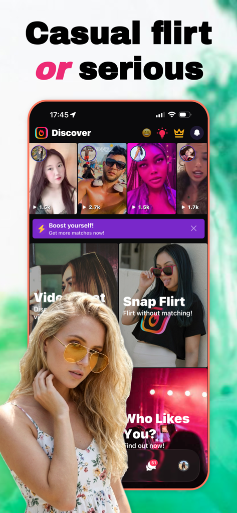 Video Chat, Go Live - Minglify - Minglify Dating-App-Oberfläche zeigt Videoprofile und verschiedene Funktionen wie Snap Flirt und Wer mag dich
