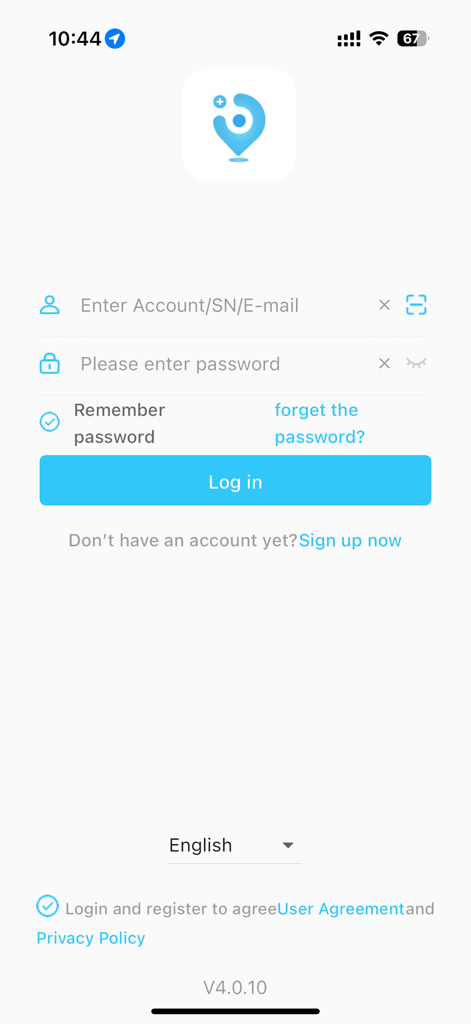 QXGPS - QXGPS app login screen featuring fields for account credentials and a blue login button