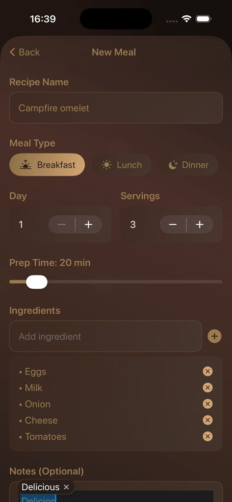 FireCamp - Pocket Guide - Una pantalla de aplicación móvil para planificar una tortilla a la parrilla incluyendo ingredientes como huevos y queso con tiempo de preparación y porciones.