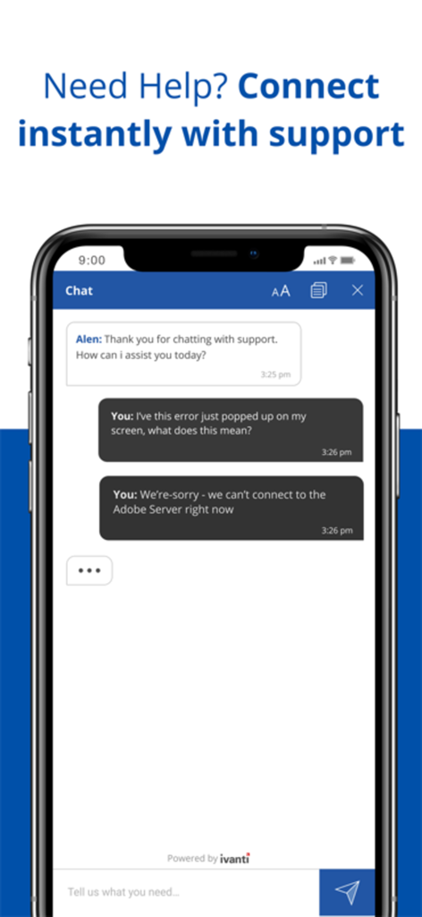 Ivanti Neurons for ITSM & ITAM - Una pantalla de aplicación móvil que muestra una sesión de chat en vivo con soporte de TI para la resolución de incidencias