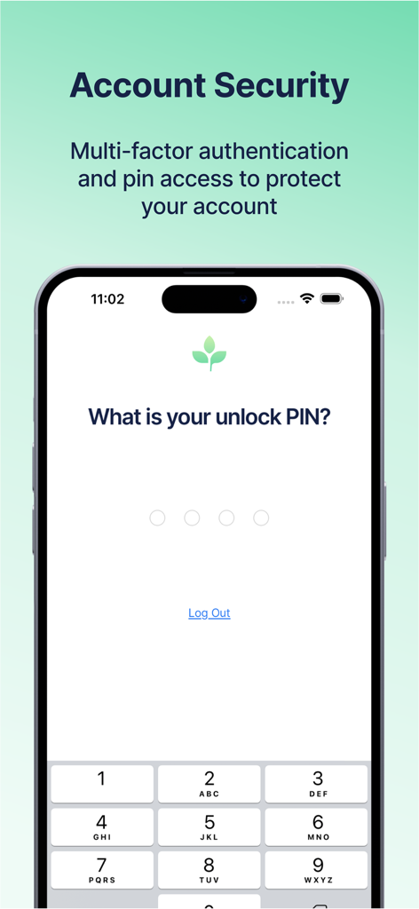 Tela de segurança do aplicativo Tithely mostrando proteção de conta com entrada de PIN e autenticação multifator