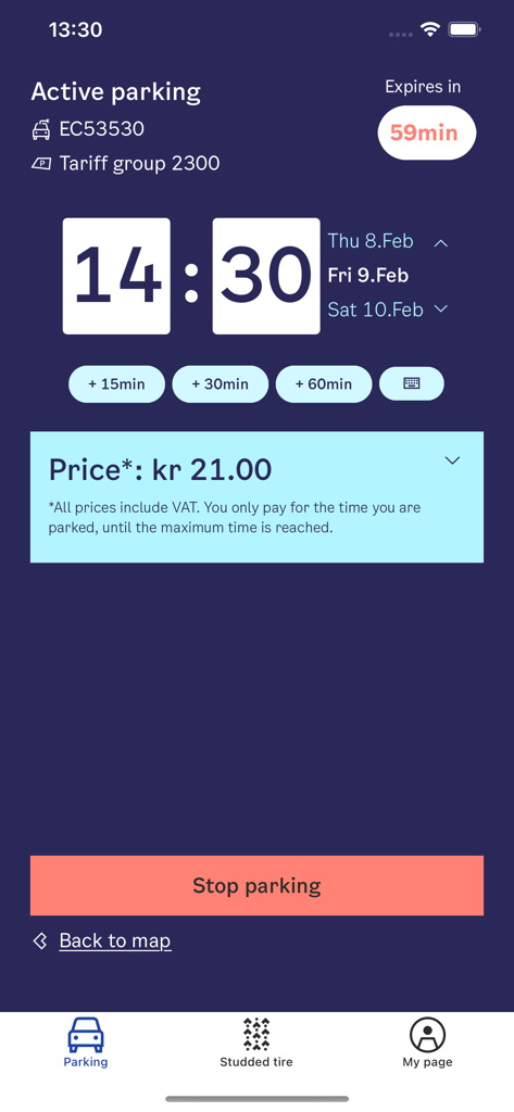 Active parking session screen in the Bil i Oslo app showing a countdown timer and stop parking button