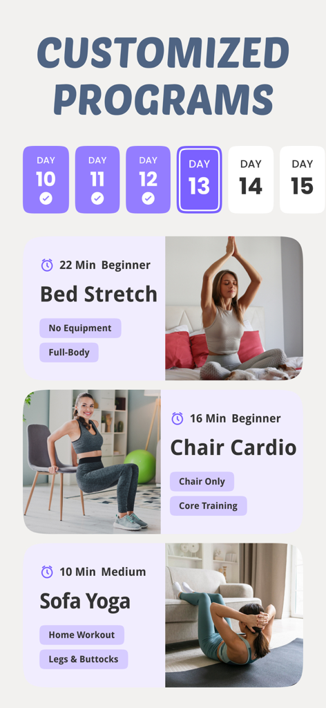 Lazy Workout for Weight Loss - A mobile app screen showing customized workout programs including bed stretches chair cardio and sofa yoga