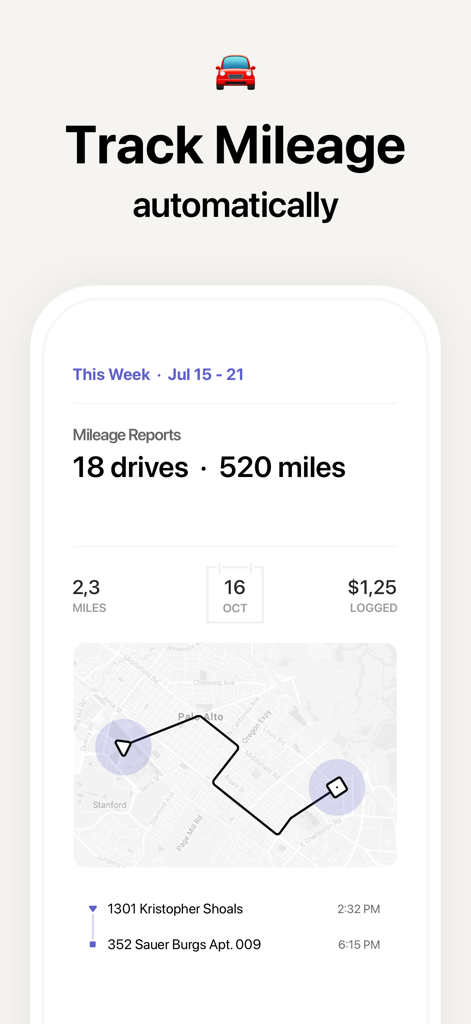 Atto - Time Clock & Scheduling - Atto app interface showing automatic mileage tracking and business trip reports with a map