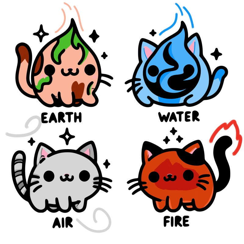 4 cats that represent the different elements, earth, water, air, and fire