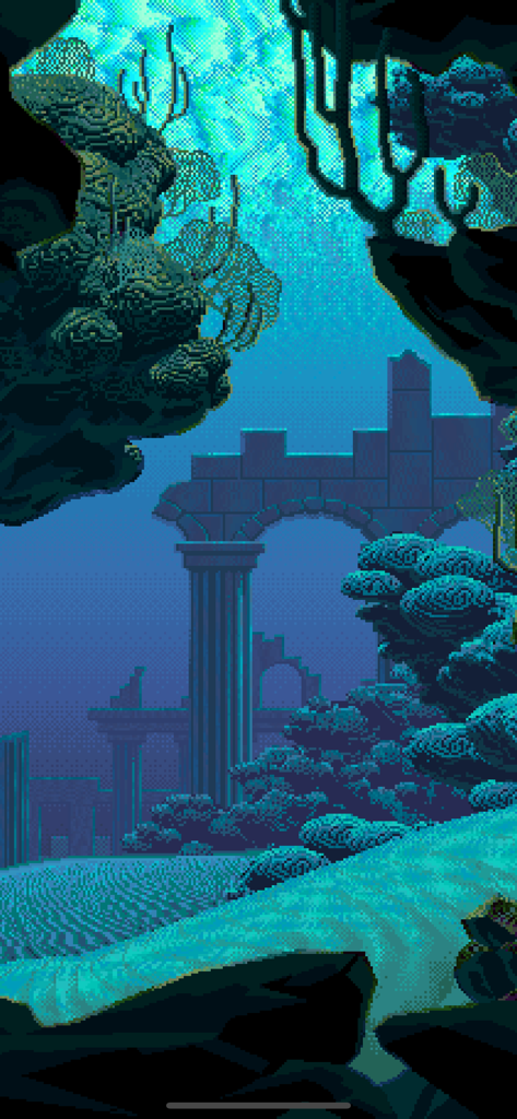 Living Worlds - Mark Ferrari - Underwater pixel art scene featuring ancient ruins and coral reefs
