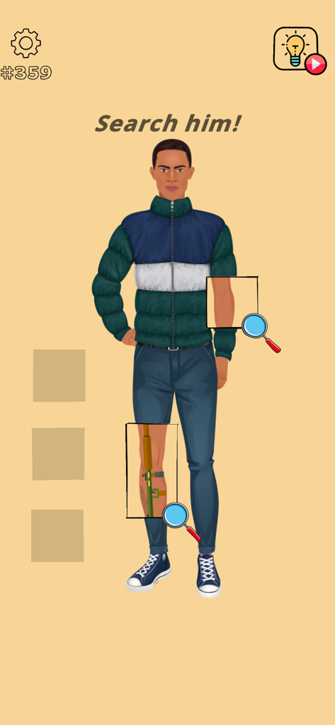 Brain Wash - Puzzle Mind Game - A game level in Brain Wash where the player uses a magnifying glass to search a man for hidden objects.