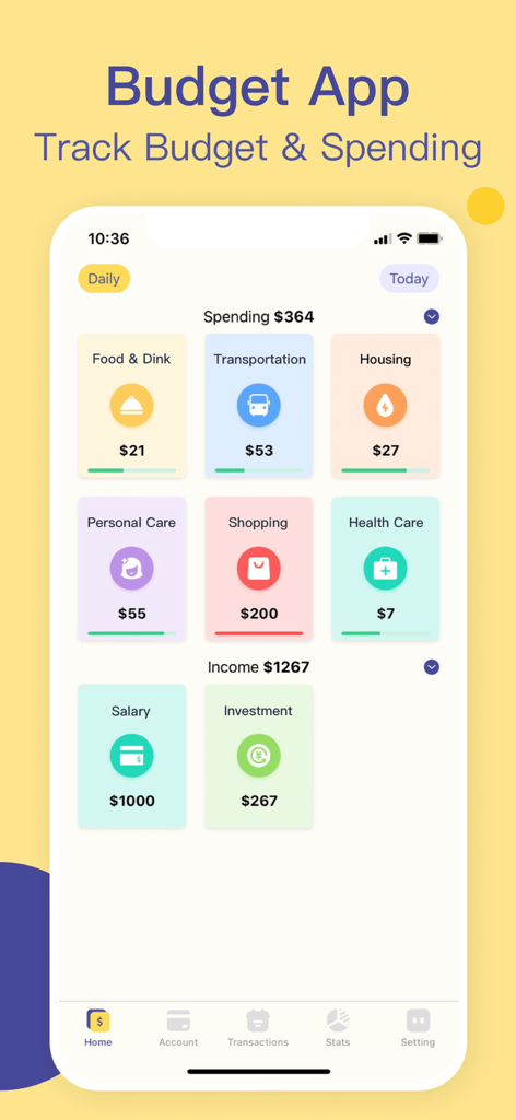 A minimalist mobile app dashboard showing categorized daily spending and income with colorful icons and progress bars.