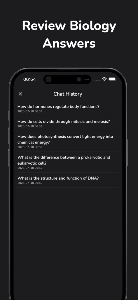 Biology AI: Homework Helper - Chat history screen showing reviewed biology answers and study topics.
