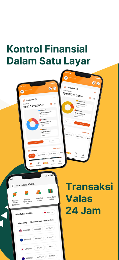 D-Bank PRO - D-Bank PRO mobile app interface showing financial portfolio dashboard with pie charts and 24-hour forex transaction screen with currency rates.
