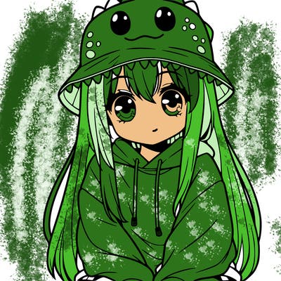 girl with anime shaped eyes with a dinosaur bucket hat oversized sweatshirt long straight hair