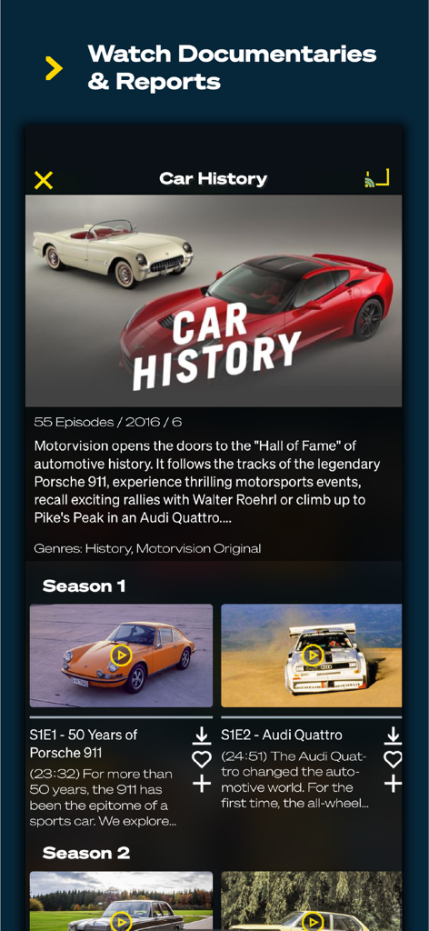 Motorvision | Live Streaming - A list of car history documentaries featuring Porsche and Audi on the Motorvision app