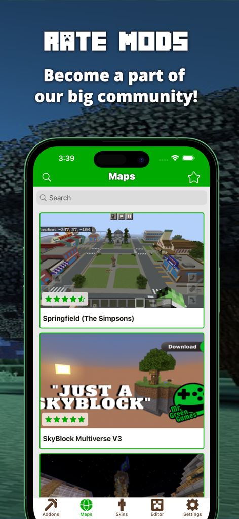 별점과 함께 스프링필드 및 스카이블록과 같은 마인크래프트 PE 맵을 보여주는 앱 화면