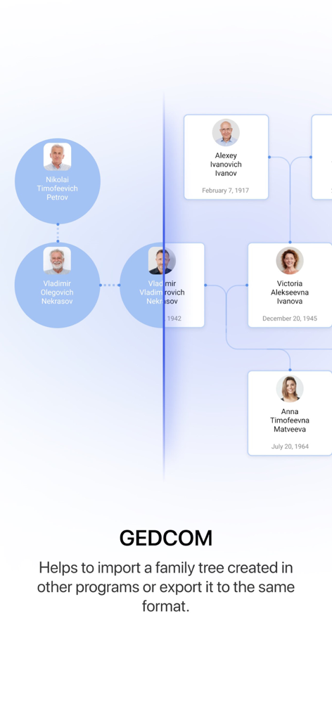 Family Legends - A family tree diagram showing the GEDCOM data import and export feature in the Family Legends app
