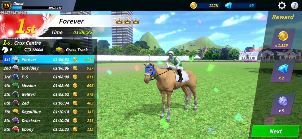 First place victory screen in Derby Life featuring a realistic horse and race rewards