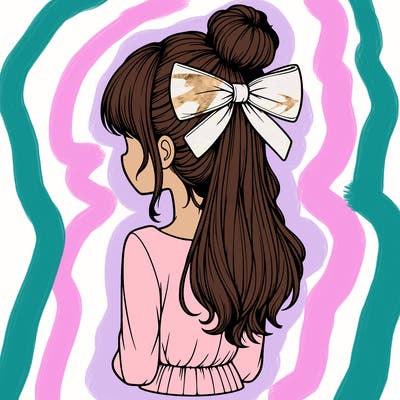 realistic girl  with hip length hair a bun and a big bow on the back of head