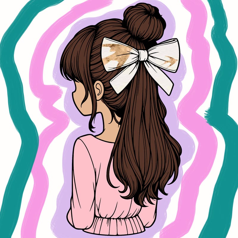 realistic girl  with hip length hair a bun and a big bow on the back of head