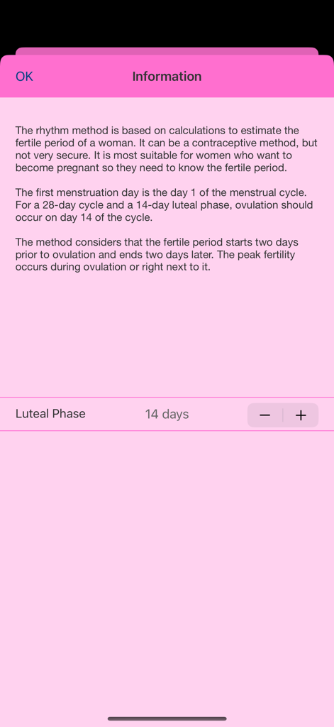 iFertile App-Informationsbildschirm, der die Kalendermethode und die lutealen Phasen erklärt.
