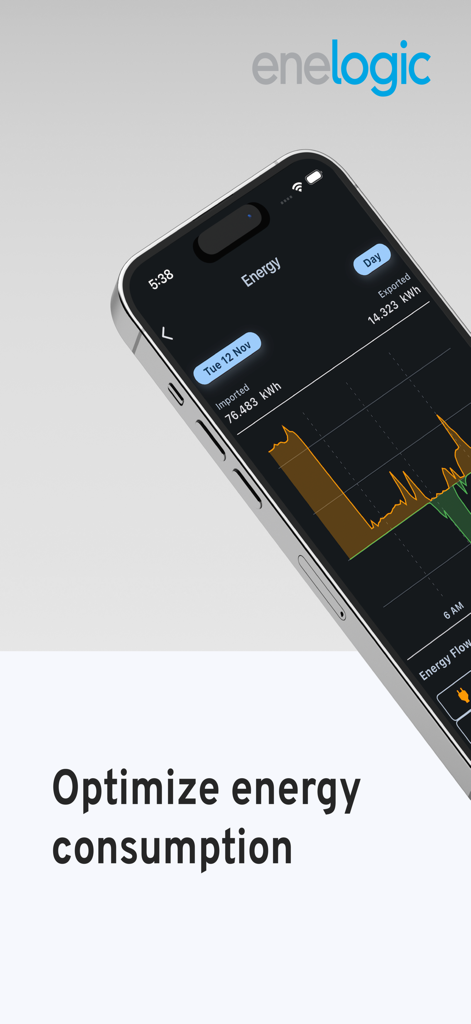 Enelogic - Enelogic app dashboard on a smartphone displaying a daily energy consumption and export graph.