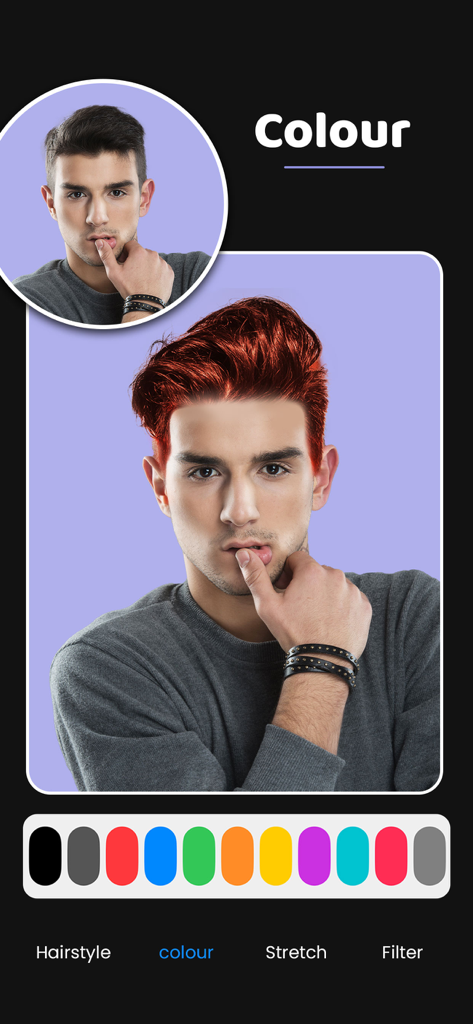 Man Hair Style Editor : Smarty - A man using the Smarty app to change his hair color to red with an interactive color selection palette