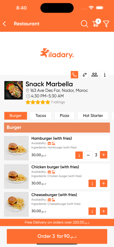 Iladary mobile App-Benutzeroberfläche, die eine Burger-Speisekarte für ein Restaurant in Marokko mit Preisen in lokaler Währung anzeigt.