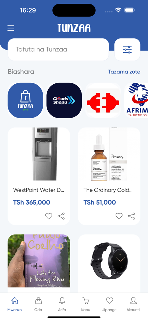 Tunzaa mobile app home screen showing product listings for water dispensers and skincare with prices in Tanzanian Shilling