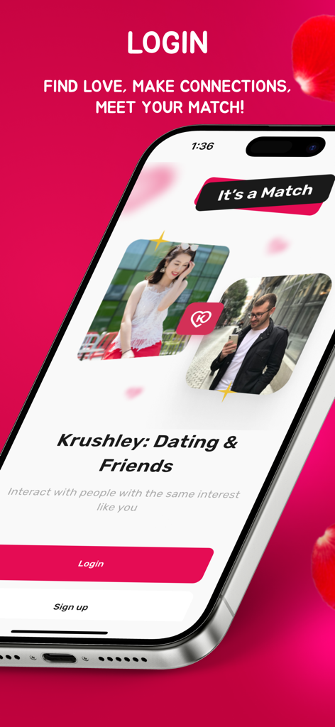 Krushley: AI Dating - Krushley dating app login screen showing a match notification and user profiles