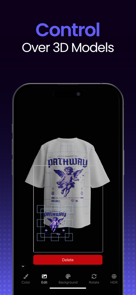 A smartphone screen displaying a 3D white t-shirt mockup with a purple angel graphic and editing controls for color and rotation