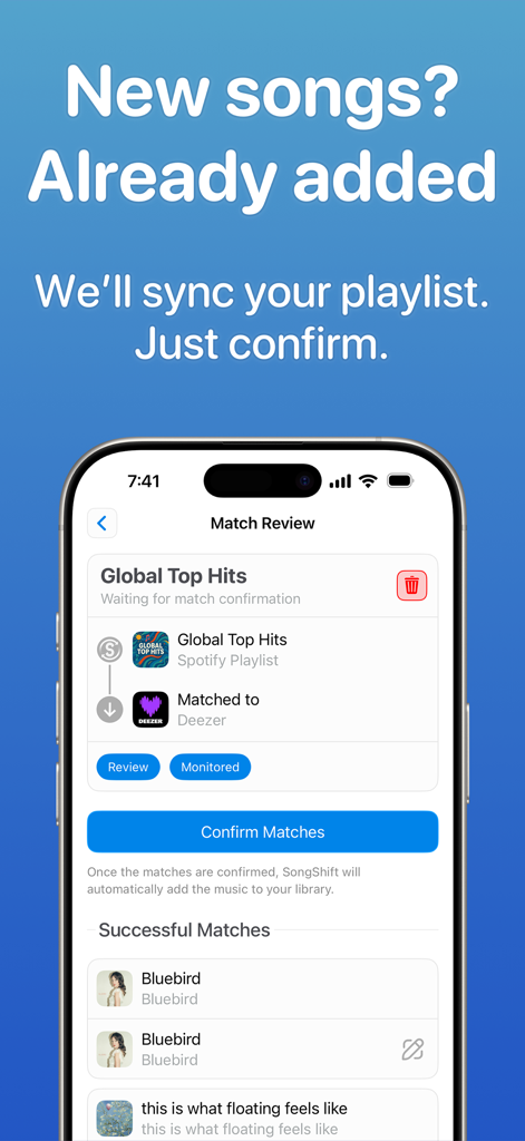 SpotifyのプレイリストをDeezerに同期するためのマッチレビュー画面を表示するSongShiftアプリのインターフェース