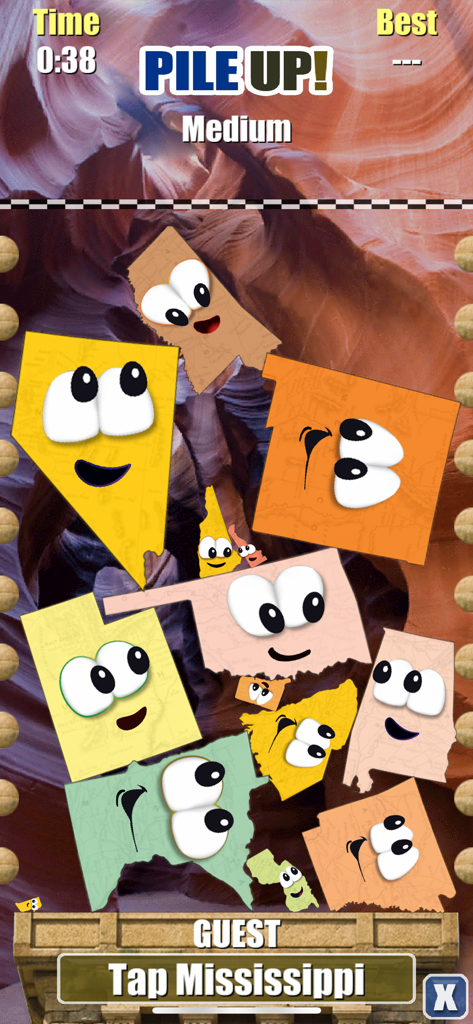 Pile Up Minispiel in Stack the States mit animierten US-Staaten mit Gesichtern