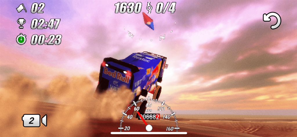 DuneDrift - A blue rally truck jumping over sand dunes in the desert at sunset
