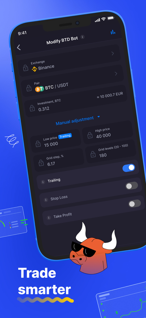 Bitsgap: Crypto Trading Bots - Bitsgap mobile app screen showing configuration settings for a BTD trading bot on the Binance exchange